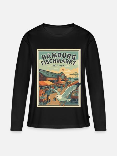 Hamburg Vintage Fischmarkt - Frauen Premium Bio Langarmshirt - Schwarz