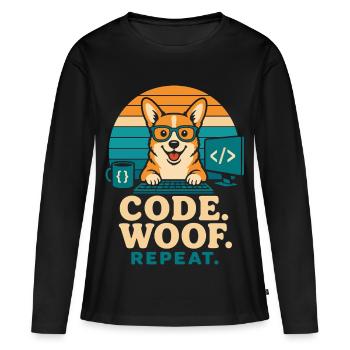 Code Woof Programmeur Répétition Corgi - T-shirt manches longues Premium bio Femme - noir - Devant - Julia (174cm)