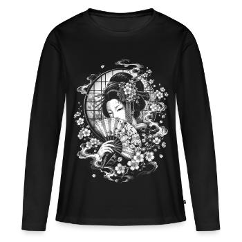 Geisha japonaise avec éventail dans le style tatoué - T-shirt manches longues Premium bio Femme - noir - Devant - Julia (174cm)