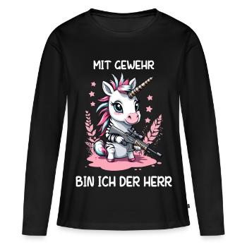 Licorne avec fusil de chasse - T-shirt manches longues Premium bio Femme - noir - Devant - Julia (174cm)