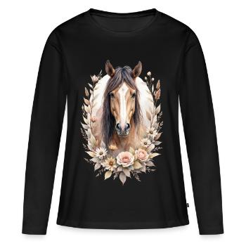 Cheval brun avec des roses - T-shirt manches longues Premium bio Femme - noir - Devant - Julia (174cm)