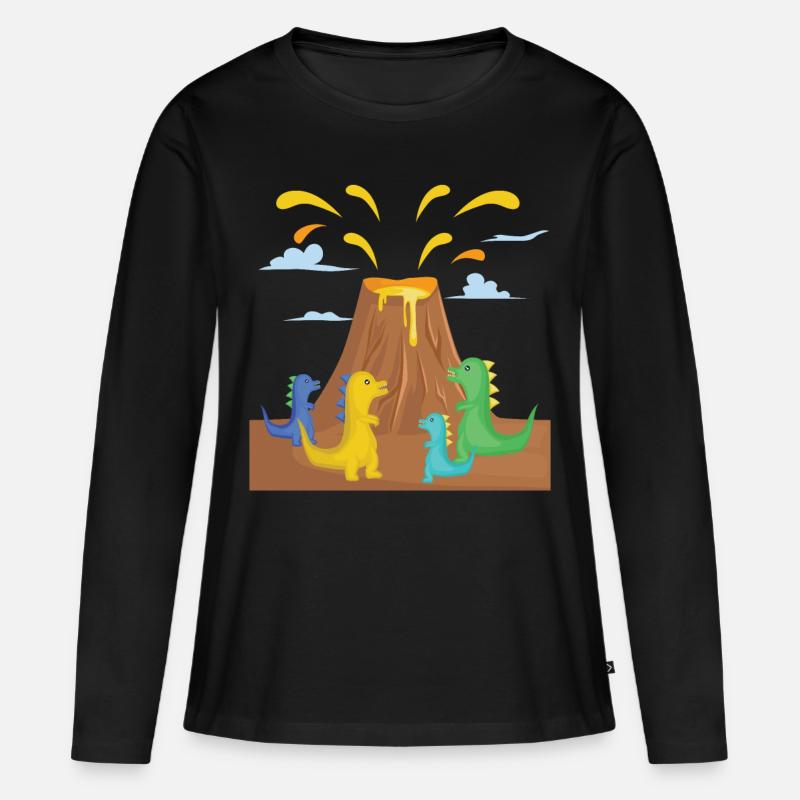 Ausbrechender Vulkan mit Dinosauriern. - Frauen Premium Bio Langarmshirt - Schwarz