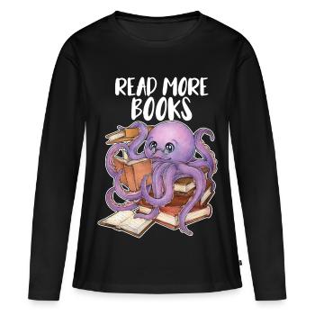 Lesender Oktopus im Bücherstapel Buch Geschenk - Frauen Premium Bio Langarmshirt - Schwarz - Vorne - Julia (174cm)
