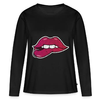 Lippen Kuss Mund Geschenk Piercing Liebe Valentin - Frauen Premium Bio Langarmshirt - Schwarz - Vorne - Julia (174cm)