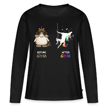 Einhorn vor dem Fitness-Studio und nach dem Fitnessstudio - Frauen Premium Bio Langarmshirt - Schwarz - Vorne - Julia (174cm)