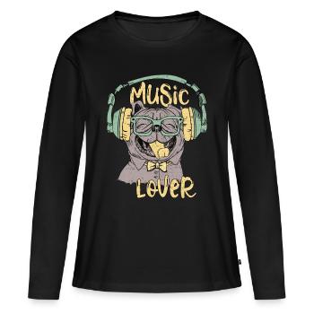 Happy Pug loves music - dog music lover - Women's Premium Organic Long Sleeve Shirt - black - Front - Julia (174cm)