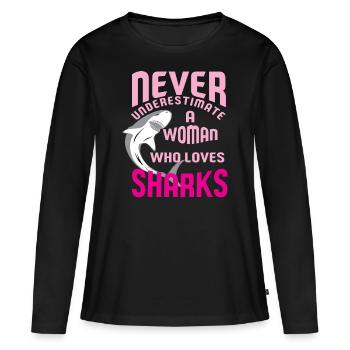 Ne jamais sous-estimer une femme qui aime les requins - T-shirt manches longues Premium bio Femme - noir - Devant - Julia (174cm)