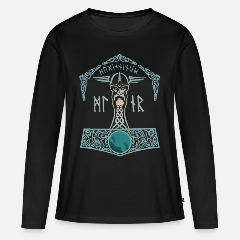 Thor Hammer Mjölnir Walhalla Wikinger Männer - Frauen Premium Bio Langarmshirt - Schwarz