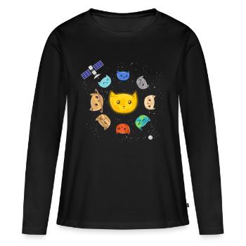 Le système solaire - Chat Satellite Spaceship - T-shirt manches longues Premium bio Femme - noir - Devant - Julia (174cm)