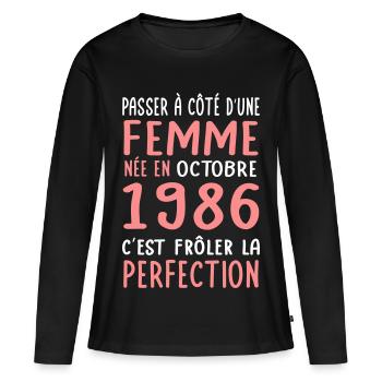 Anniversaire 40 ans - Née en Octobre 1986 - T-shirt manches longues Premium bio Femme - noir - Devant - Julia (174cm)