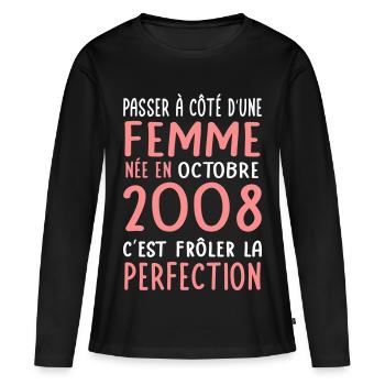 Anniversaire 18 ans - Née en Octobre 2008 - T-shirt manches longues Premium bio Femme - noir - Devant - Julia (174cm)