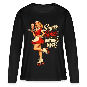 Serveuse Rétro Pin Up sur un diner de patins à roulettes - T-shirt manches longues Premium bio Femme - noir - Devant - Julia (174cm)