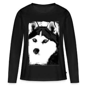 Schwarz-Weiß Husky Porträt auf Textil - Frauen Premium Bio Langarmshirt - Schwarz - Vorne - Julia (174cm)