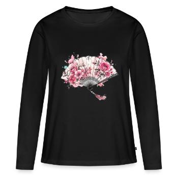 Floraler Fächer mit Aquarellblüten - Frauen Premium Bio Langarmshirt - Schwarz - Vorne - Julia (174cm)