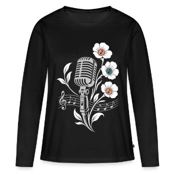 Microphone vintage – Motif musique et fleurs - T-shirt manches longues Premium bio Femme - noir - Devant - Julia (174cm)