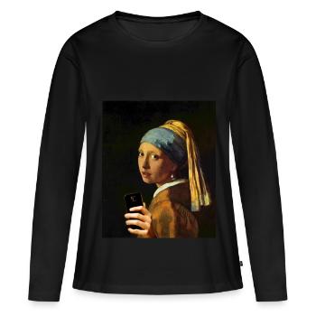 Vermeer fille avec boucle d'oreille perle et smartphone - T-shirt manches longues Premium bio Femme - noir - Devant - Julia (174cm)
