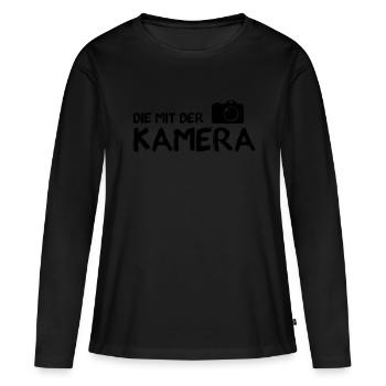 T-Shirt Fotografin - Ich liebe meine Kamera - Frauen Premium Bio Langarmshirt - Schwarz - Vorne - Julia (174cm)
