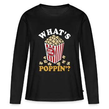 Qu’est-ce qui saute ? Pop-corn frais - croustillant - T-shirt manches longues Premium bio Femme - noir - Devant - Julia (174cm)
