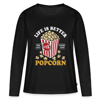 La vie est meilleure avec le maïs soufflé - croustillant et délicieux - T-shirt manches longues Premium bio Femme - noir - Devant - Julia (174cm)