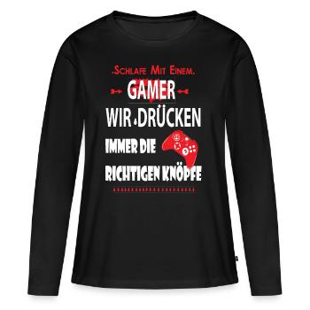 Gamer Shirt · Boutons poussants · Cadeau de couchage - T-shirt manches longues Premium bio Femme - noir - Devant - Julia (174cm)
