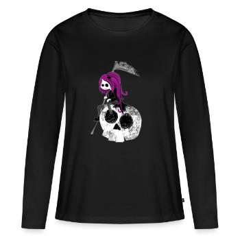 Fille gothique avec faux assis sur crâne halloween - T-shirt manches longues Premium bio Femme - noir - Devant - Julia (174cm)