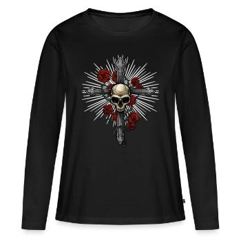 Croix de la tête de mort | Roses Mort Religion Musique Épines - T-shirt manches longues Premium bio Femme - noir - Devant - Julia (174cm)