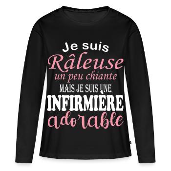 Humour infirmière - idée cadeau infirmière - T-shirt manches longues Premium bio Femme - noir - Devant - Julia (174cm)