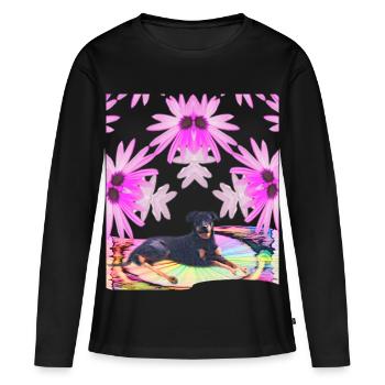 Rüde Lobo - umgeben von rosa Blumen im Regenbogen  - Frauen Premium Bio Langarmshirt - Schwarz - Vorne - Julia (174cm)