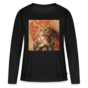 Cat Kimono Japan - Women's Premium Organic Long Sleeve Shirt - black - Front - Julia (174cm)