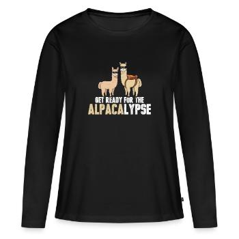 The Alpacalypse Funny alpaca T-shirt - Women's Premium Organic Long Sleeve Shirt - black - Front - Julia (174cm)