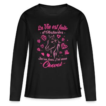 T-shirt équitation - J'ai mon Cheval - T-shirt manches longues Premium bio Femme - noir - Devant - Julia (174cm)