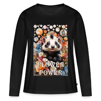 Hippie Flower Power moufette mignonne dans une mer de fleurs - T-shirt manches longues Premium bio Femme - noir - Devant - Julia (174cm)