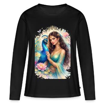 Elegant woman with peacock and lotus flower - Women's Premium Organic Long Sleeve Shirt - black - Front - Julia (174cm)