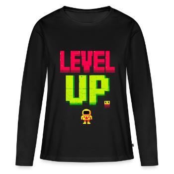 Level Up Pixelheld Retro - Frauen Premium Bio Langarmshirt - Schwarz - Vorne - Julia (174cm)