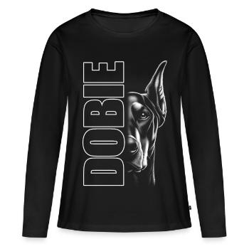 Dobermann Porträt mit vertikalem Schriftzug DOBIE - Frauen Premium Bio Langarmshirt - Schwarz - Vorne - Julia (174cm)