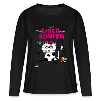 cat « chica bonita » - T-shirt manches longues Premium bio Femme - noir - Devant - Julia (174cm)