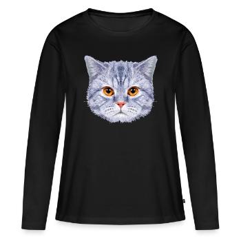 Tête de chat Visage de chat Bleu - T-shirt manches longues Premium bio Femme - noir - Devant - Julia (174cm)