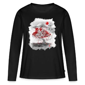 Mount Fuji hinter einem Kirschbaum - Frauen Premium Bio Langarmshirt - Schwarz - Vorne - Julia (174cm)