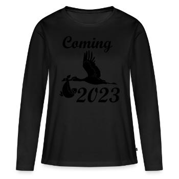 enceinte 2023, Cigogne, bébé vient 2023 - T-shirt manches longues Premium bio Femme - noir - Devant - Julia (174cm)