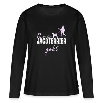 Deutscher Jagdterrier Mama Die mit dem Geht Spruch - Frauen Premium Bio Langarmshirt - Schwarz - Vorne - Julia (174cm)