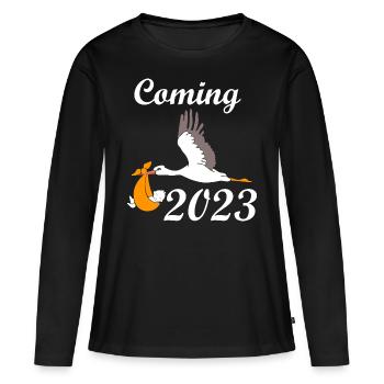 Bébé arrive en 2023, grossesse enceinte - T-shirt manches longues Premium bio Femme - noir - Devant - Julia (174cm)