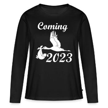 Bébé arrive en 2023, cigogne apporte 2023 bébé - T-shirt manches longues Premium bio Femme - noir - Devant - Julia (174cm)