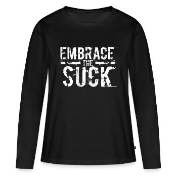 Chemise amère pleine de sarcasmes disant "Embrace - T-shirt manches longues Premium bio Femme - noir - Devant - Julia (174cm)