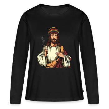 Joint Jésus fumer de l'herbe de cannabis Chanvre Rasta 420 - T-shirt manches longues Premium bio Femme - noir - Devant - Julia (174cm)