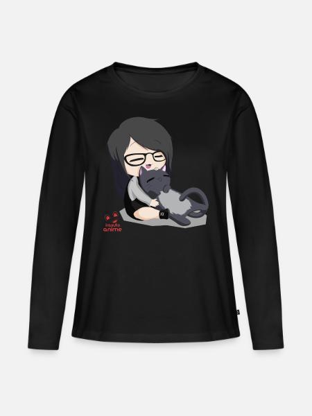Anime chibi girl i neko - Ekologiczna damska koszulka z długim rękawem Premium - czarny