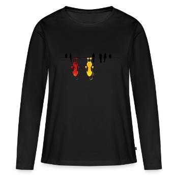 Caricature de chats et d'oiseaux - T-shirt manches longues Premium bio Femme - noir - Devant - Julia (174cm)
