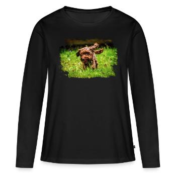 Photo de chien Cockapoo chocolat - T-shirt manches longues Premium bio Femme - noir - Devant - Julia (174cm)
