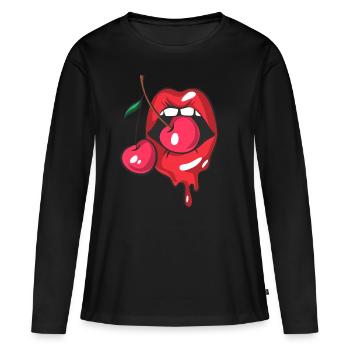 Red lips and two cherries - Women's Premium Organic Long Sleeve Shirt - black - Front - Julia (174cm)