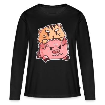 Chat cochon amusement combat animaux cadeau enfants - T-shirt manches longues Premium bio Femme - noir - Devant - Julia (174cm)