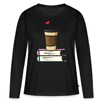 Café thé et livres avec coeur - T-shirt manches longues Premium bio Femme - noir - Devant - Julia (174cm)